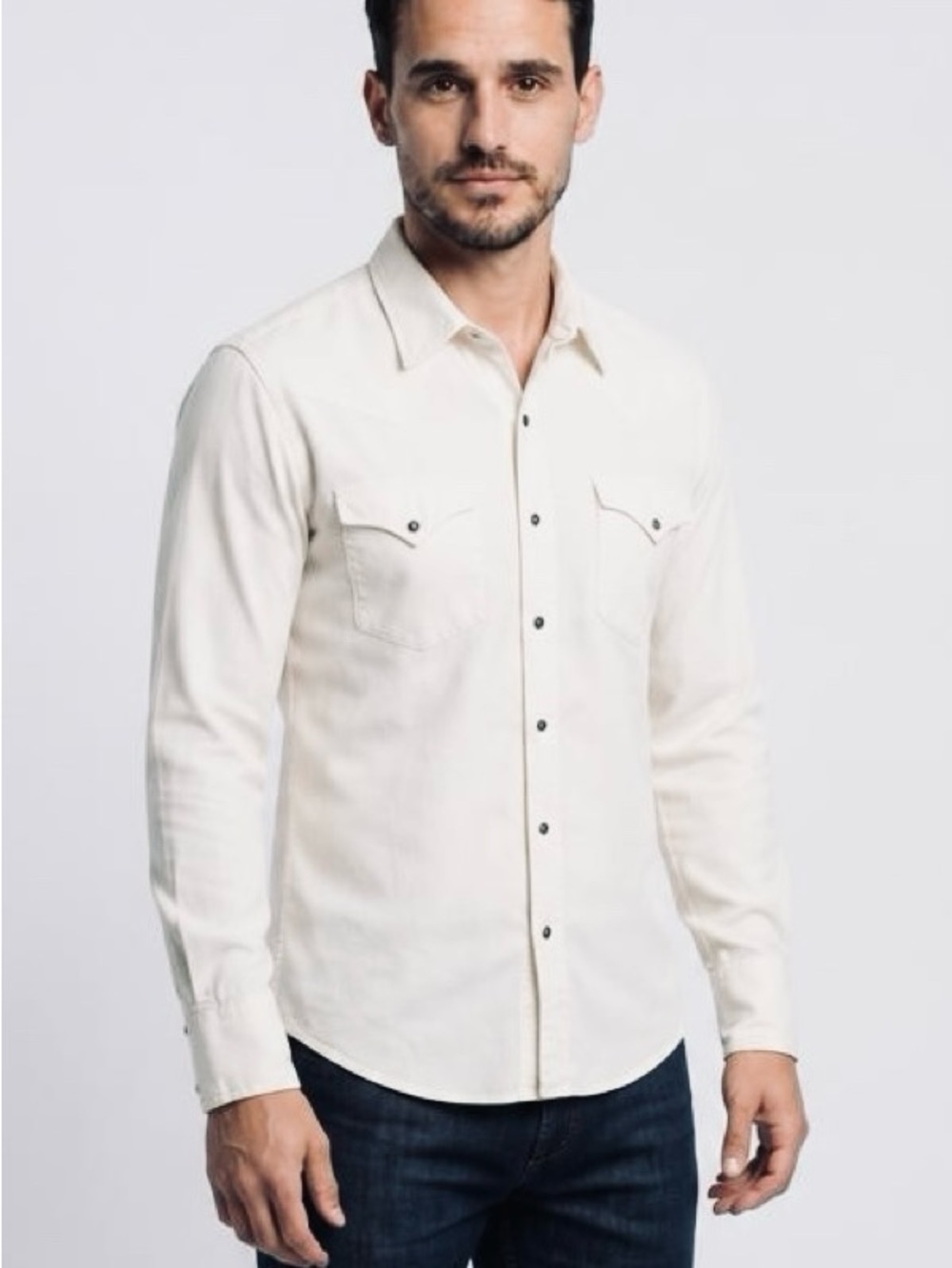 Vintage Men's Western Slim-Fit Long-Sleeve Button-Down Shirt in Cream